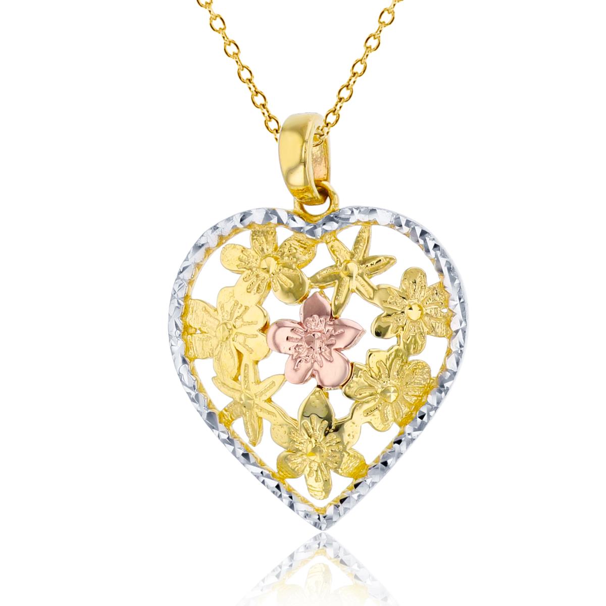14K Tri-Color Gold Floral Heart 18" Necklace