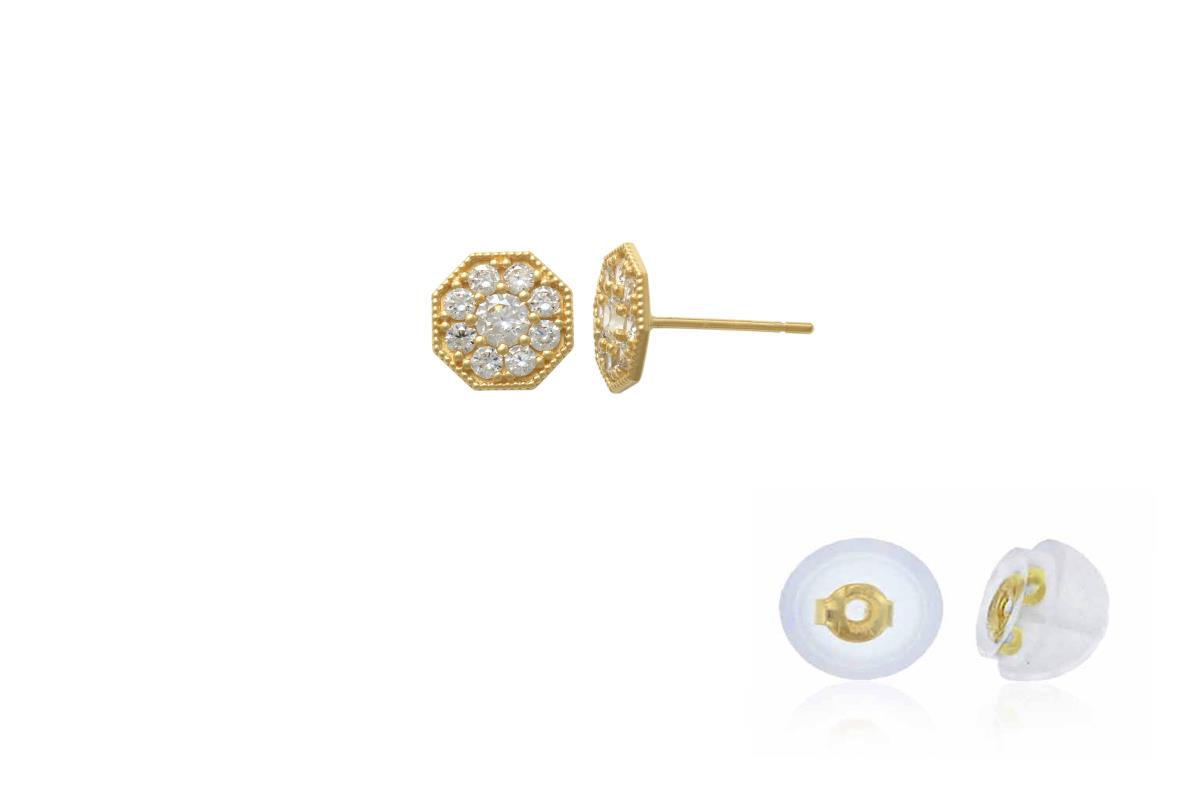 14K Yellow Gold 3mm Rnd CZ Milgrain Hexagon Stud Earring