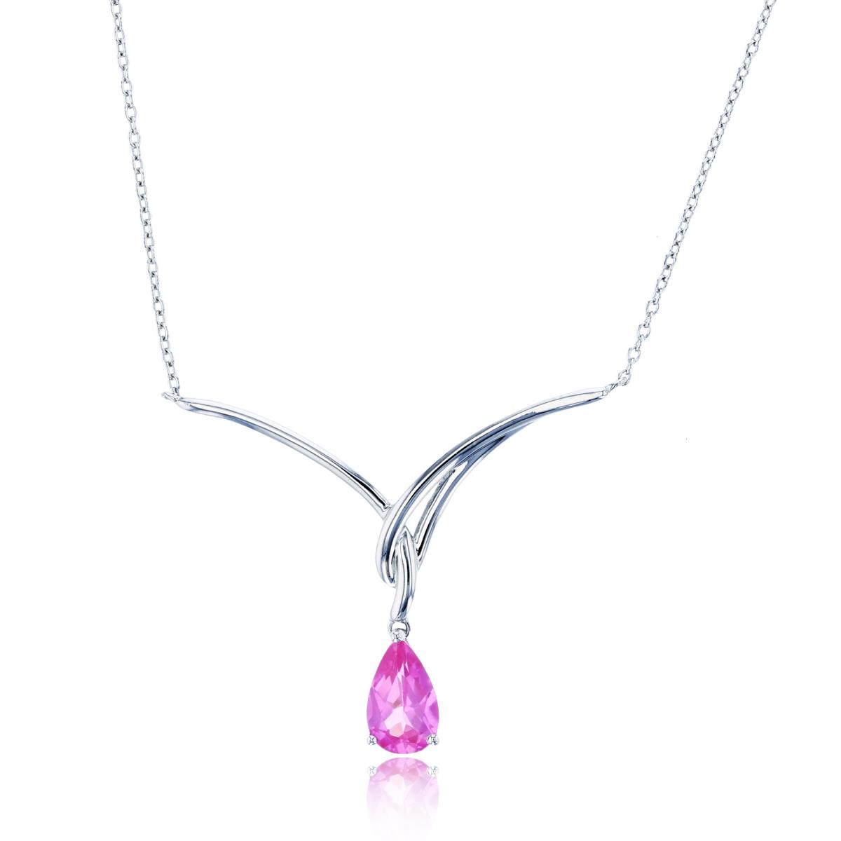 Sterling Silver Rhodium 8X5mm PS Cr Pink Sapphire Dangling Drop 18" Y-Necklace