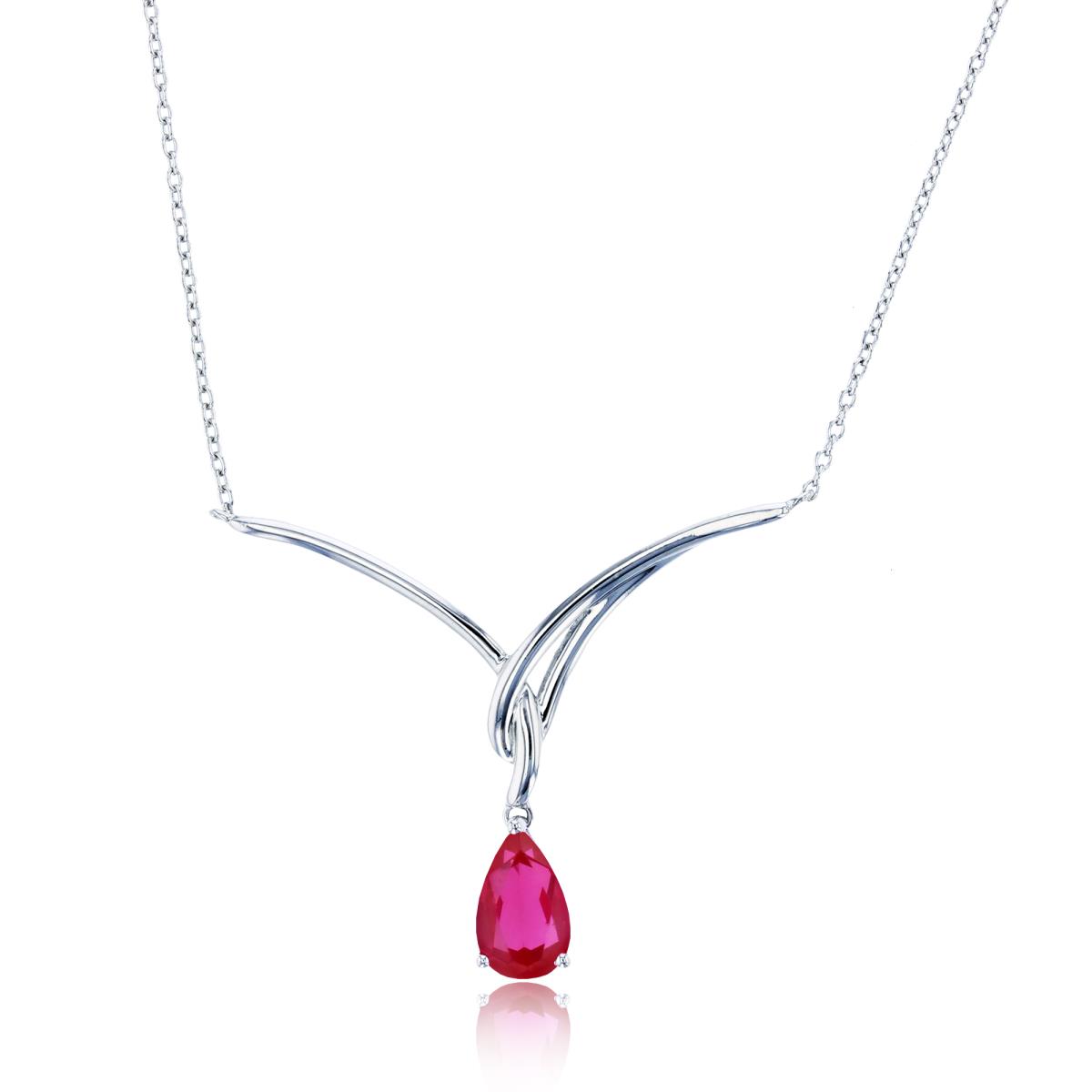 Sterling Silver Rhodium 8X5mm PS Cr Ruby Dangling Drop 18" Y-Necklace