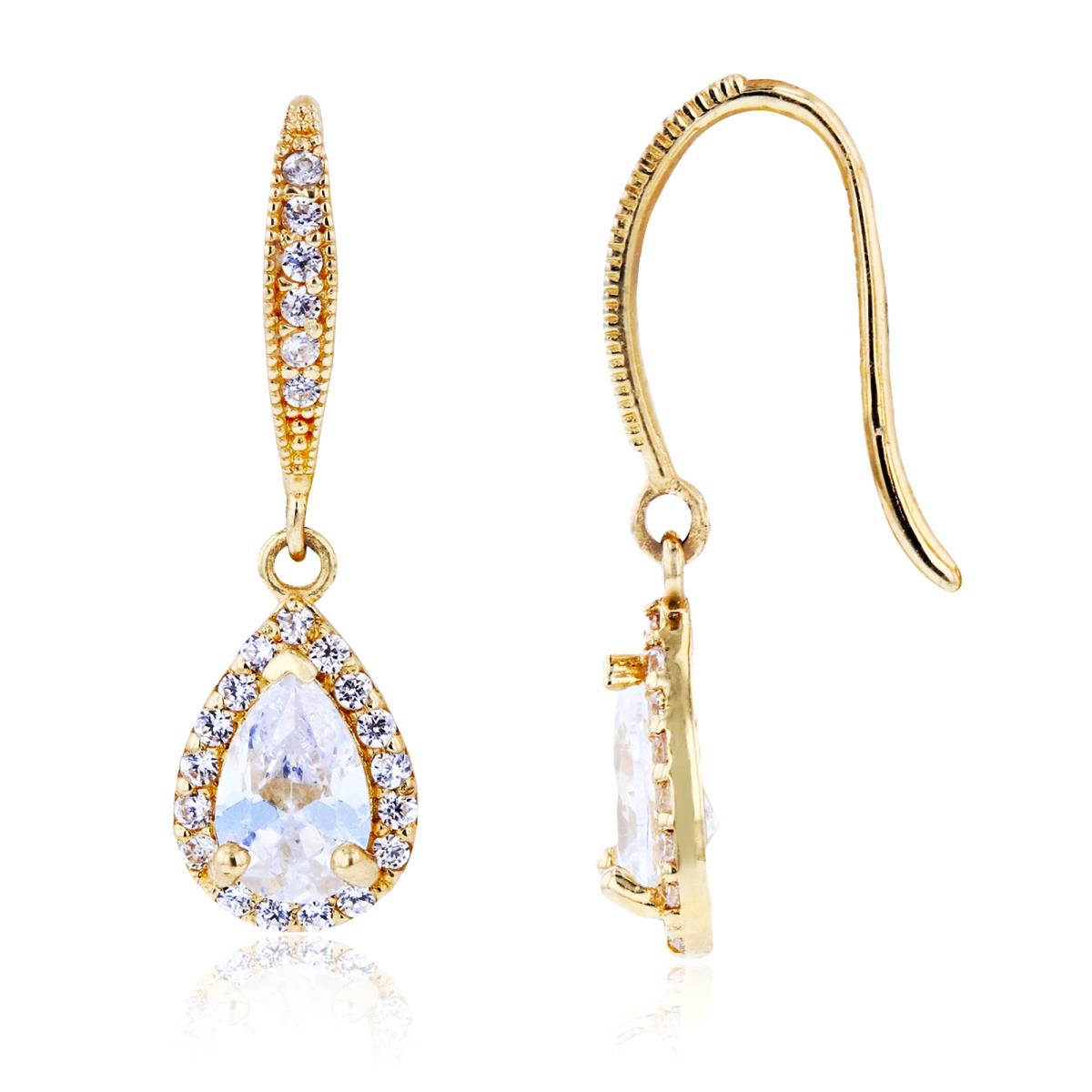 14K Yellow Gold PS/Rnd CZ Milgrain Fishhook Halo Ps-Dangling Earring