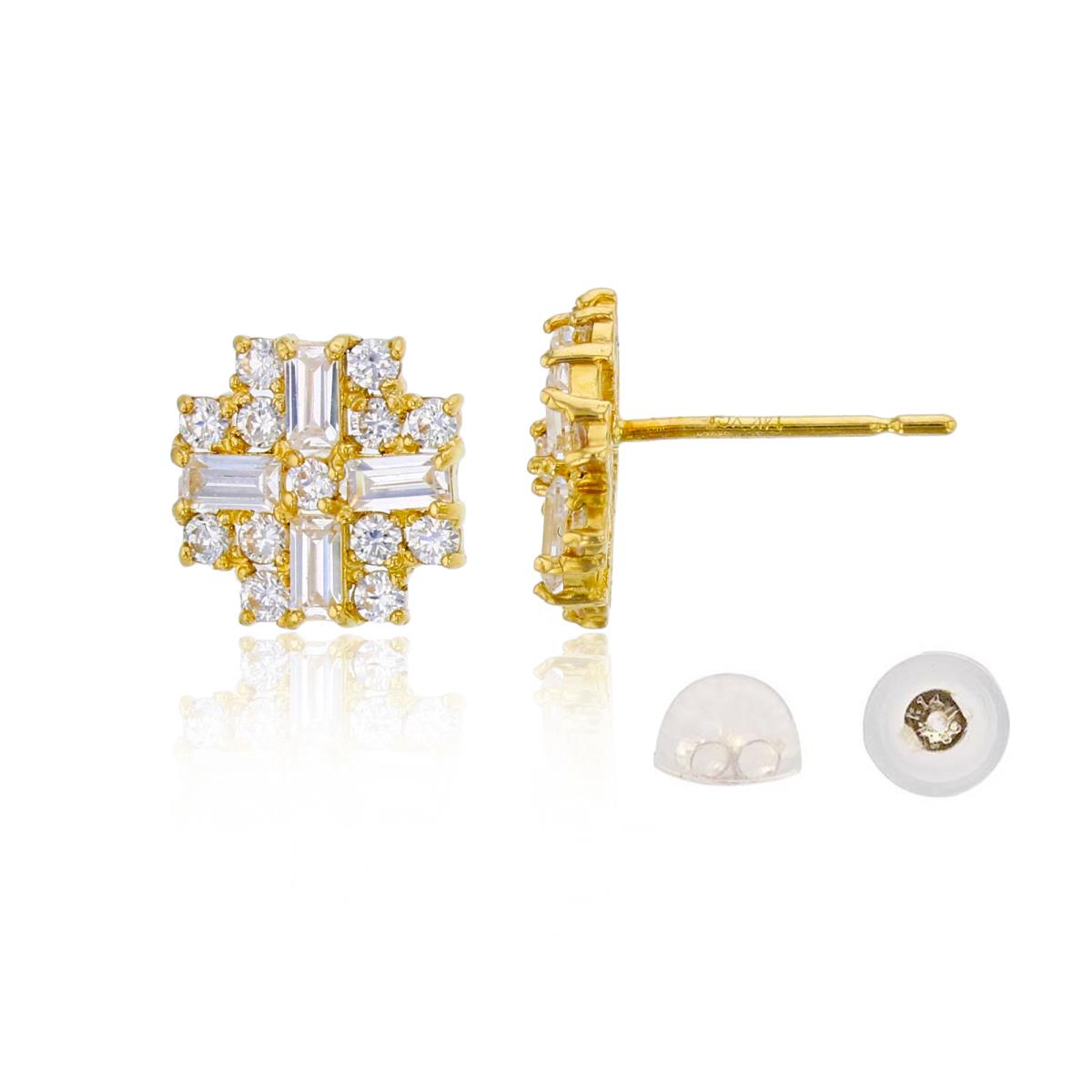 14K Yellow Gold SB & Rnd CZ Cross Stud Earring with Silicone Back