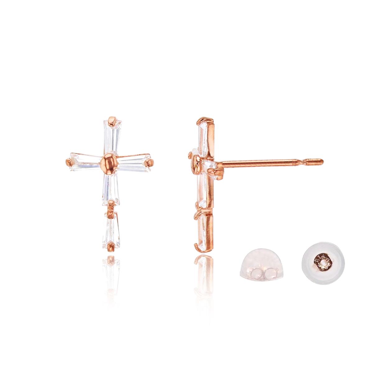 14K Rose Gold Tape BG CZ Cross Stud Earring with Silicone Back