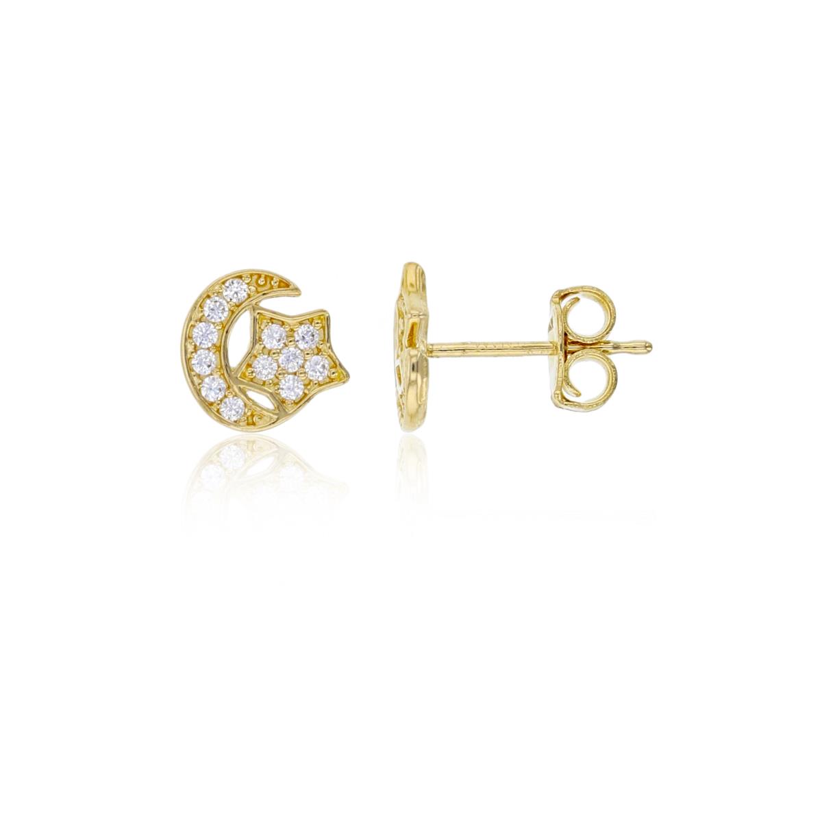 14K Yellow Gold 6x6mm Pave Moon & Star Stud Earring with 14K Clutch