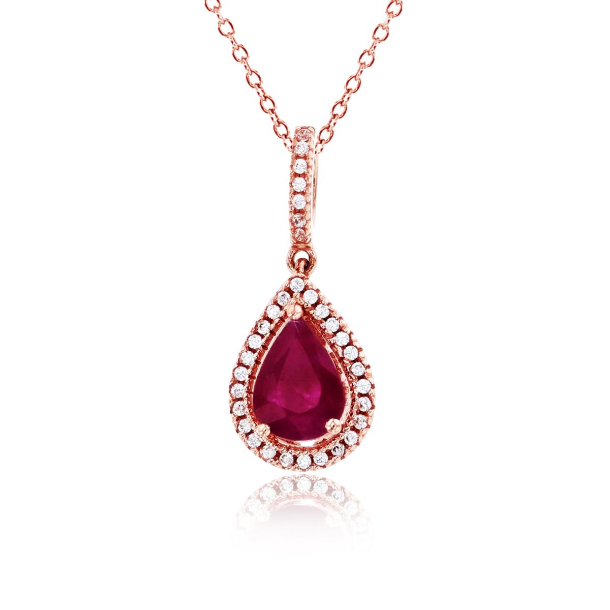 14K Rose Gold 0.10 CTTW Rnd Diamonds & 7x5mm PS Ruby Halo 18"Necklace