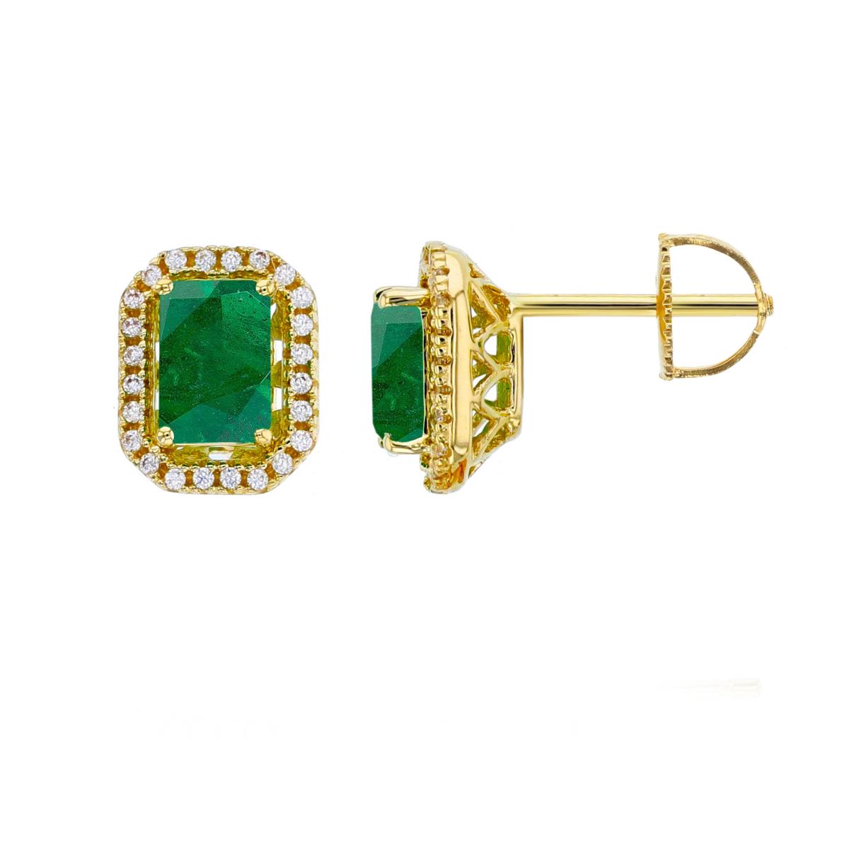14K Yellow Gold 0.15 CTTW Rnd Diamonds & 6x4mm EC Emerald Cush Halo Stud Earring