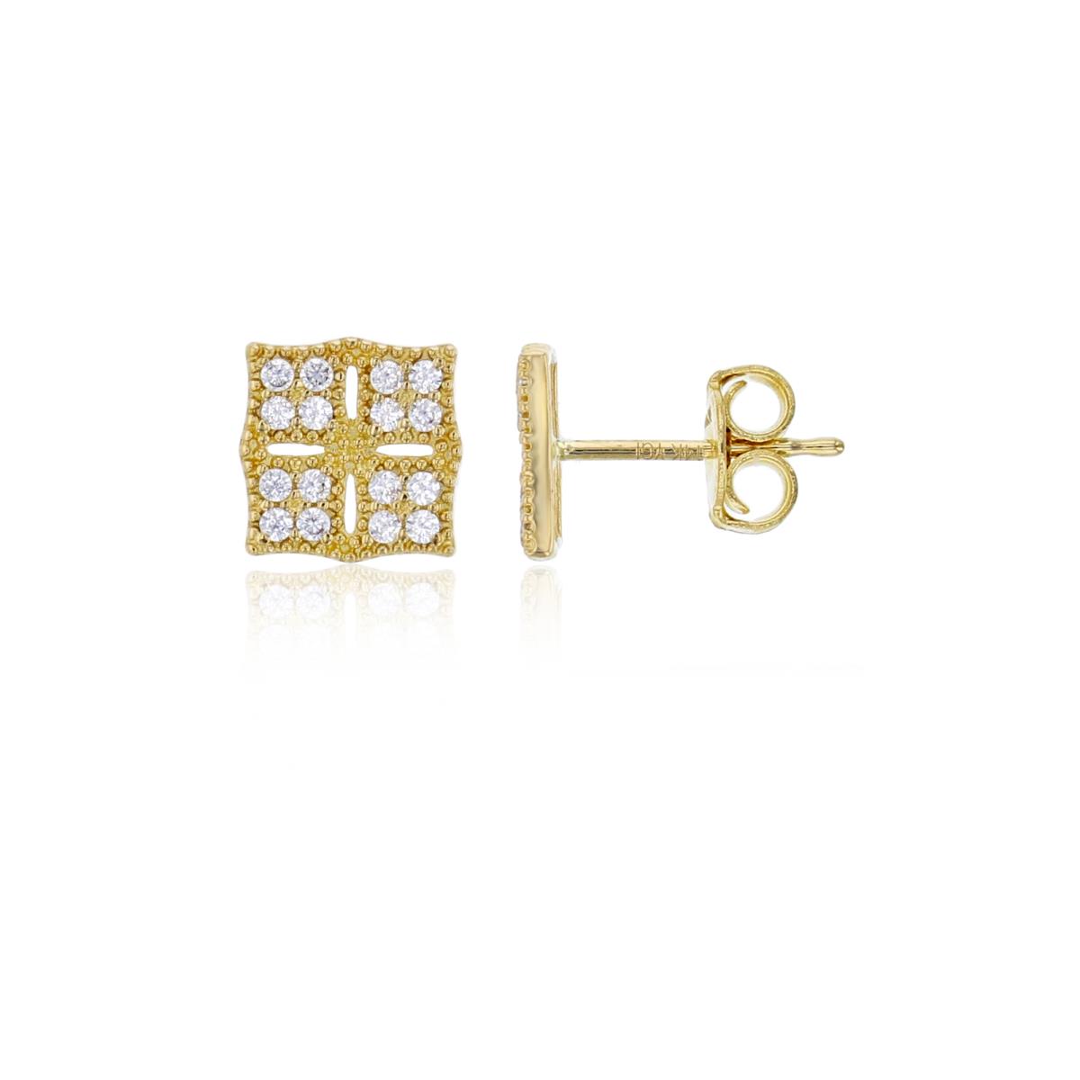 14K Yellow Gold 7x7mm Milgrain CZ Cushion Shaped Stud Earring with 14K Clutch