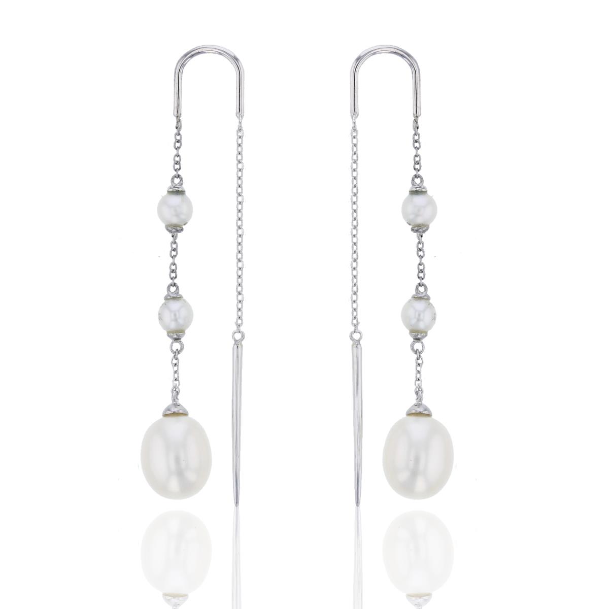 Sterling Silver Rhodium 10x8mm Drop & Rnd White Pearl Dangling Chained Earring