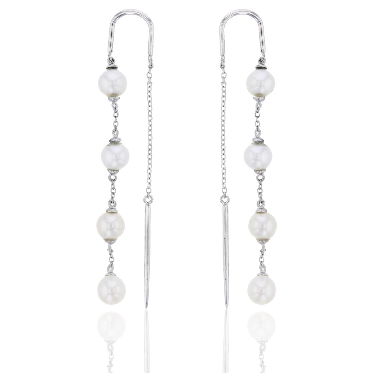 Sterling Silver Rhodium 5mm Rnd White Pearl Station Dangling Earring