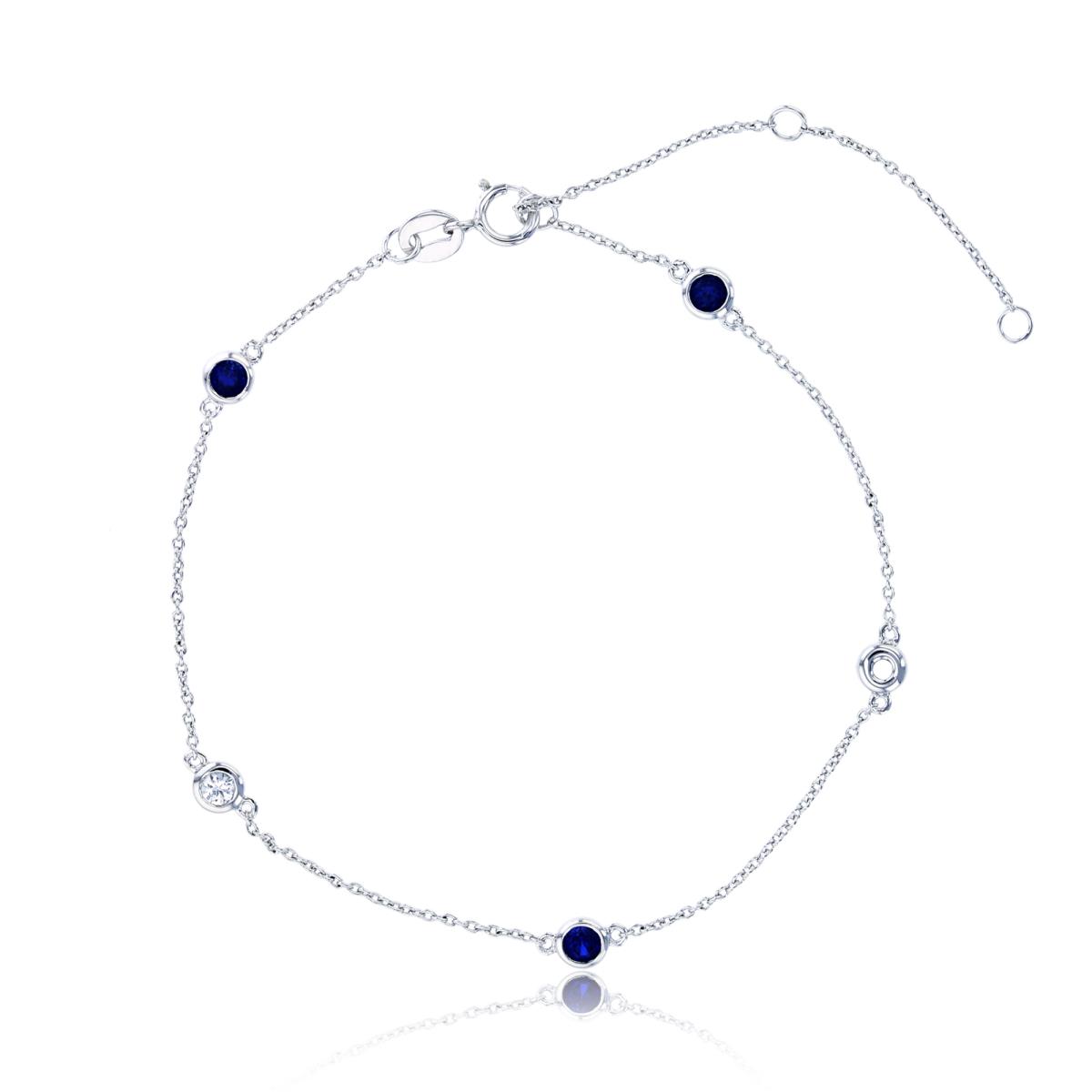 Sterling Silver Rhodium Bezel Rnd Created Blue & White Sapphire 7.25"+2"ext Adjustable Bracelet