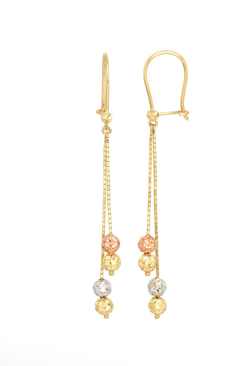 14K Tricolor Gold 4mm Diamond Cut Balls Dangling Chained Earring