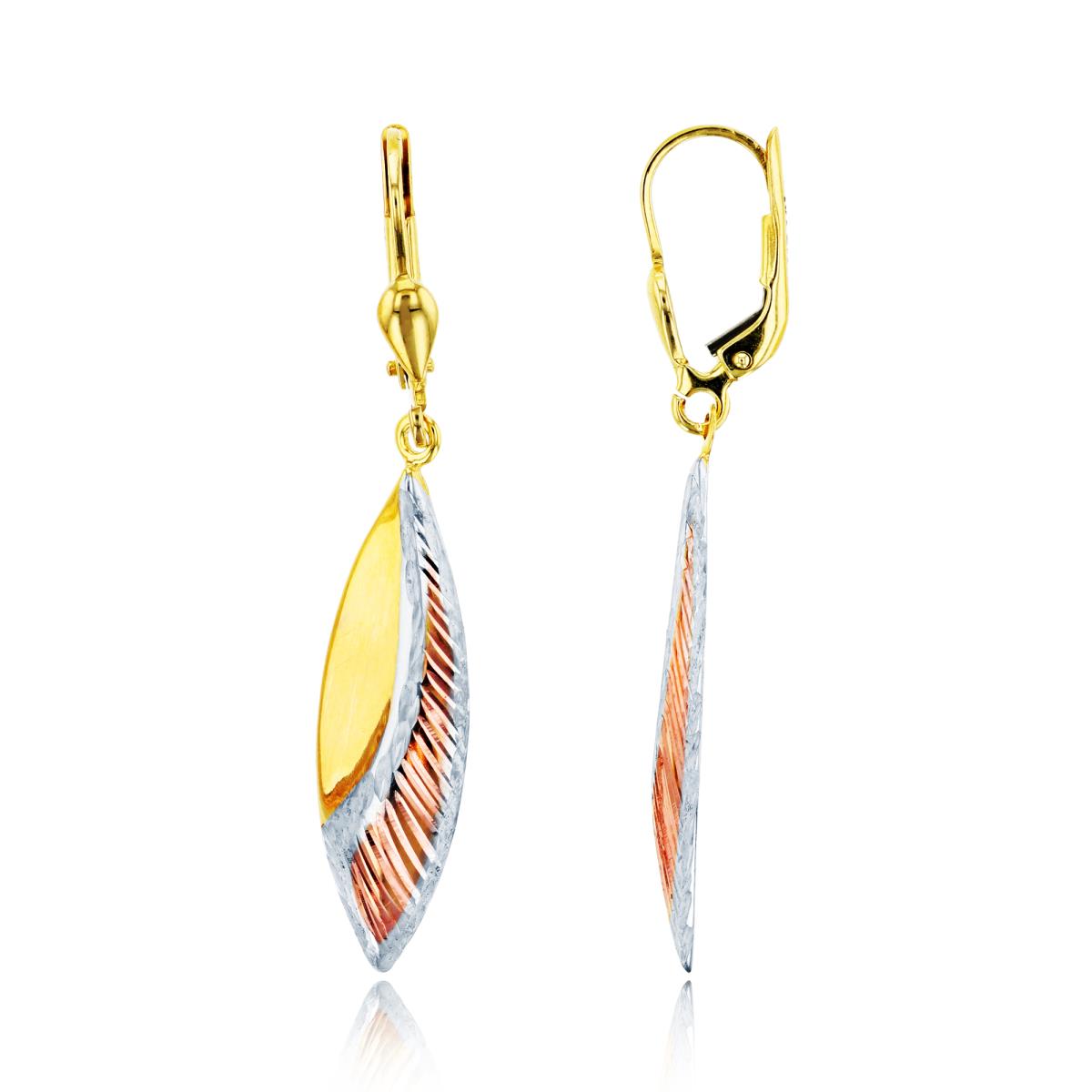 10K Tri-Color Gold 45x7mm Polished & DC Leaf Dangling Earring