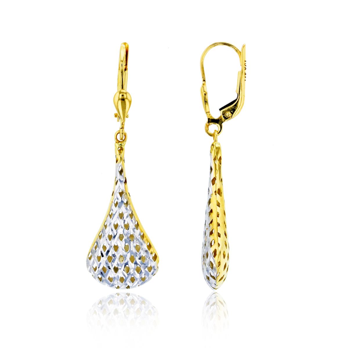 10K Two-Tone Gold 42x13mm Diamond Cut Hollow Teardrop Leverback Dangling Earring