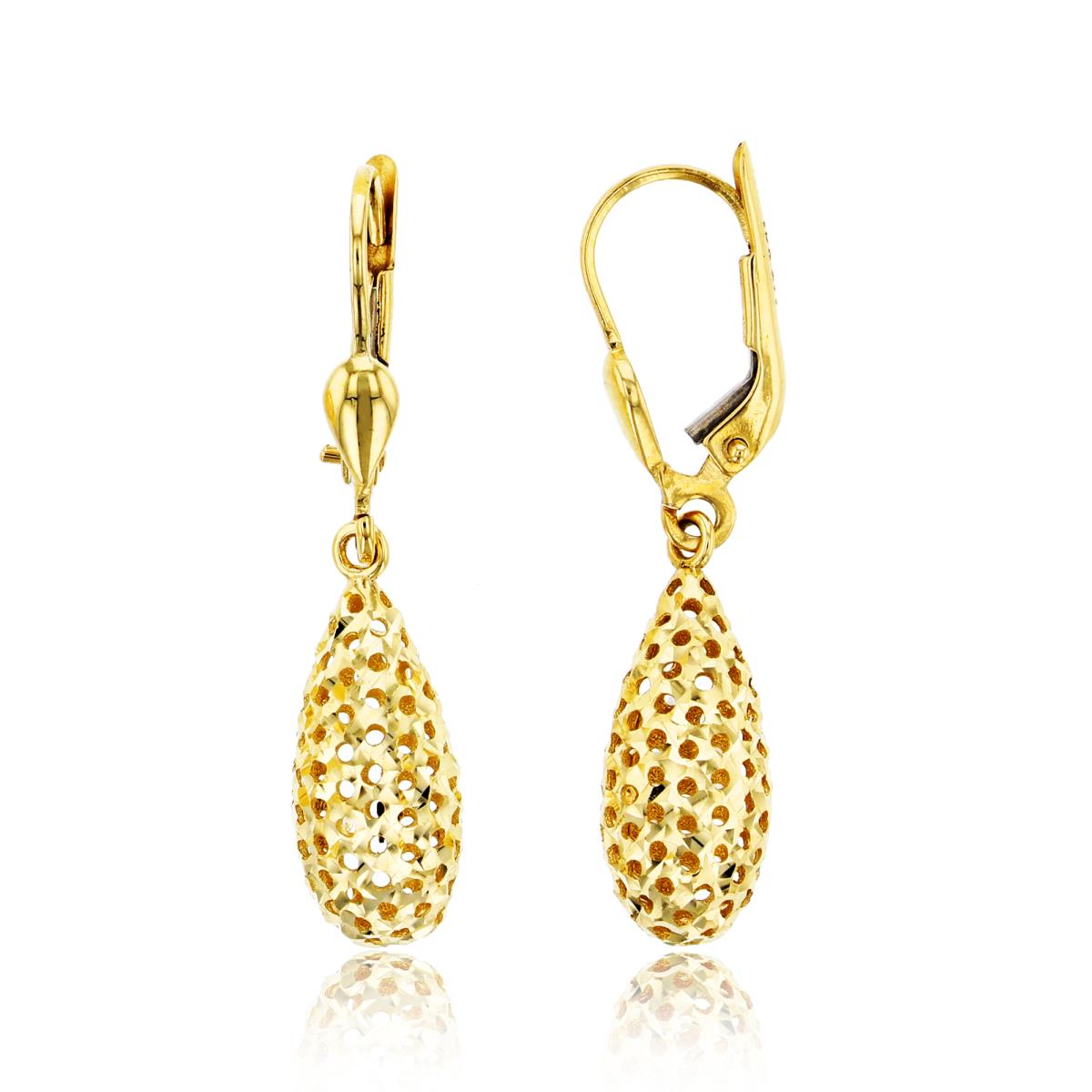 10K Yellow Gold Diamond Cut Hollow Teardrop Leverback Dangling Earring