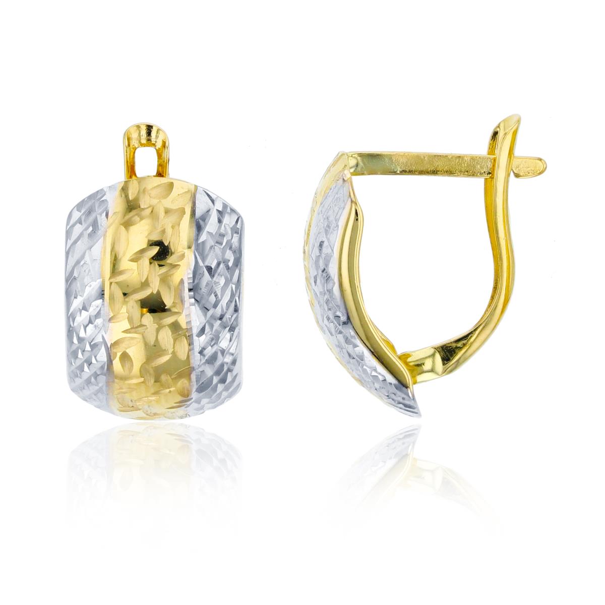 10K Two-Tone Gold 15x10mm 3-Row Diamond Cut Latchback Huggie Earring