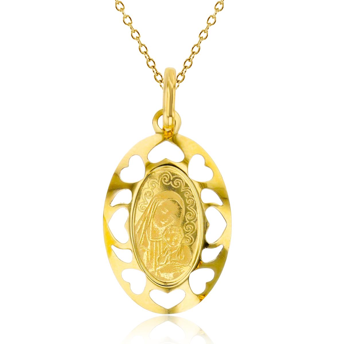 14K Yellow Gold Virgin Mary & Baby Jesus Heart Cutout Oval 18" Necklace