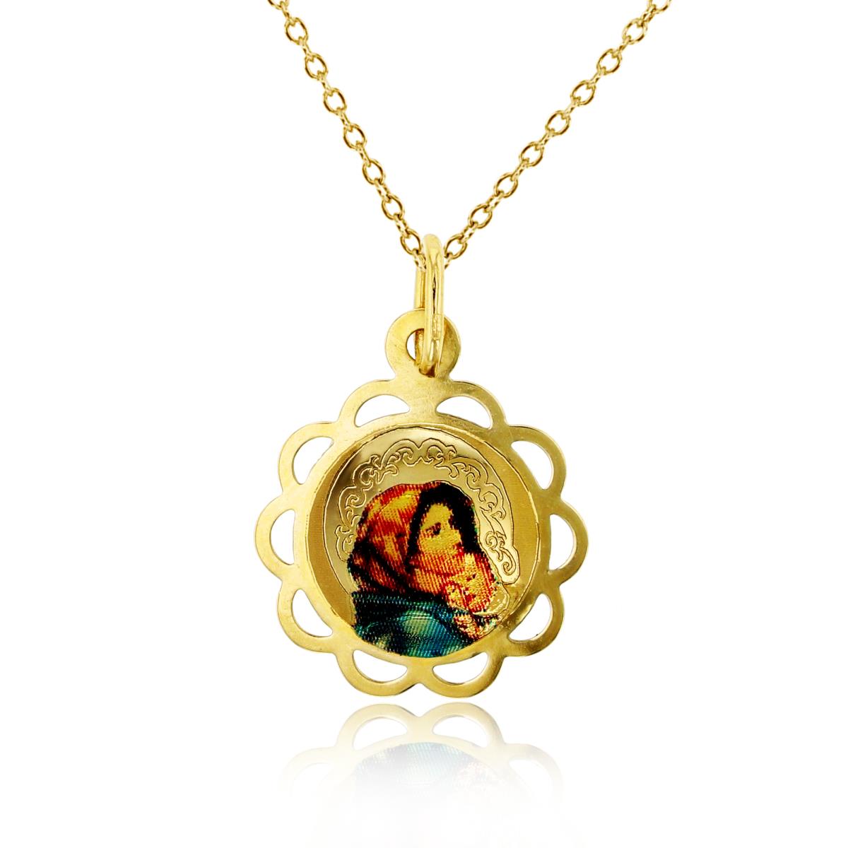 14K Yellow Gold Imaged Virgin Mary & Baby Jesus Floral Icon 18" Necklace