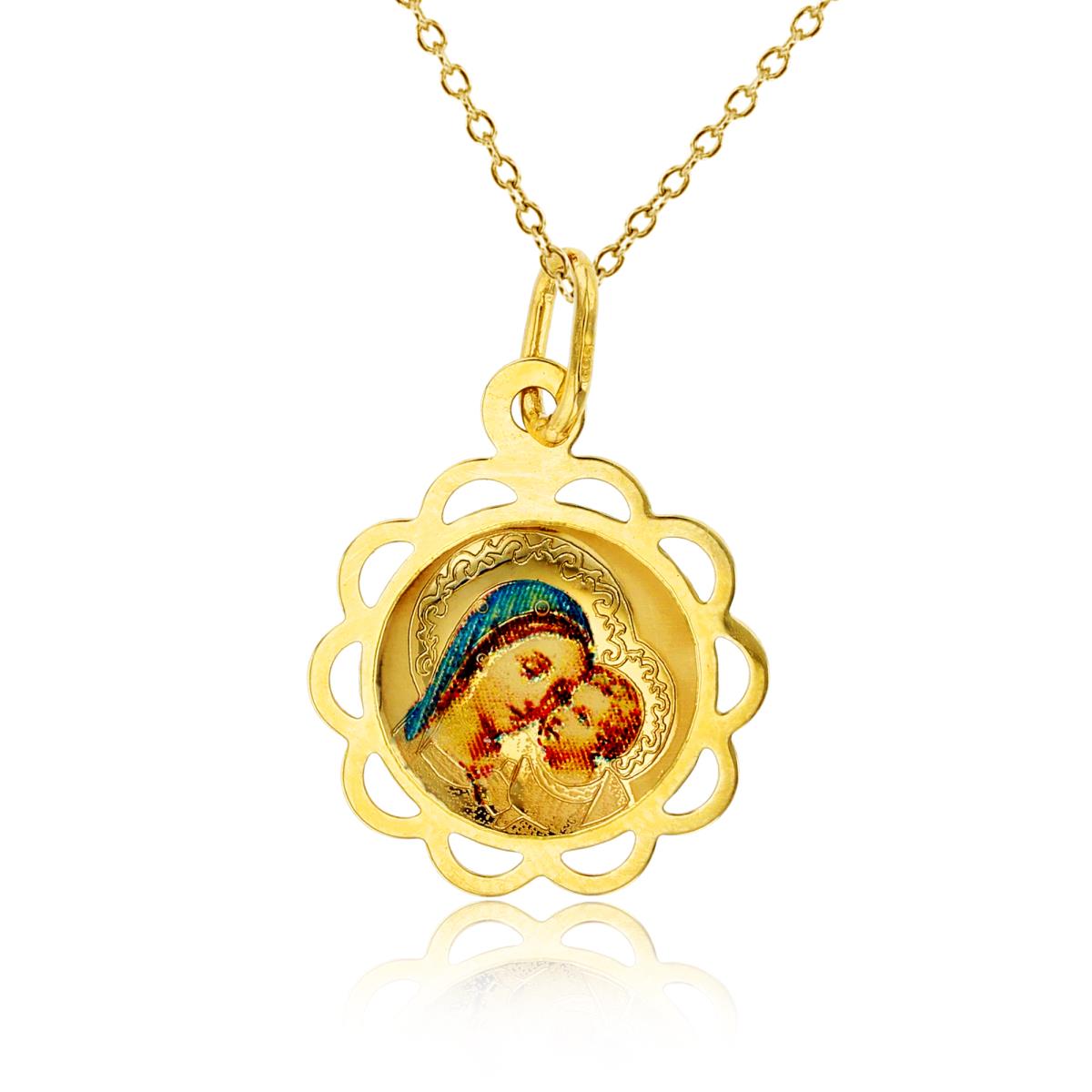 14K Yellow Gold Imaged Virgin Mary & Baby Jesus Floral Icon 18" Necklace