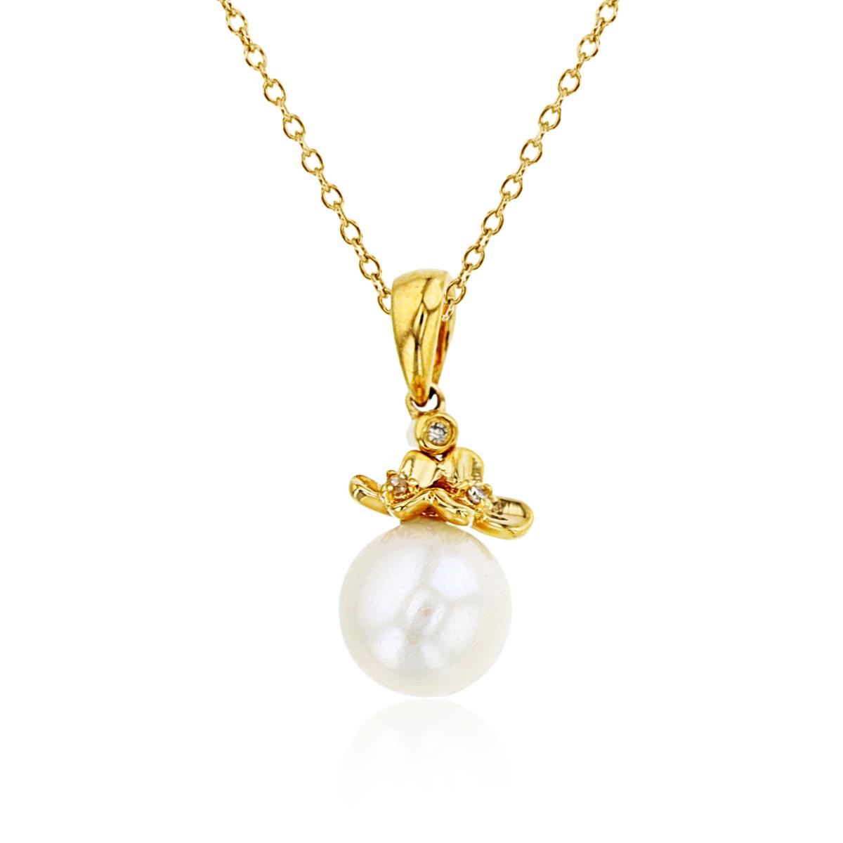 14K Yellow Gold 0.02 CTTW Rnd Diamonds & 7mm White Pearl 18"Necklace