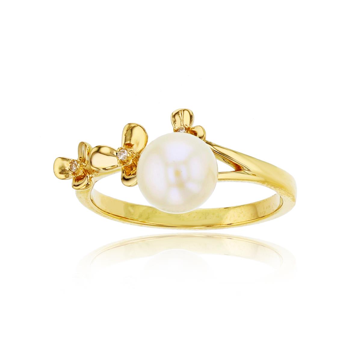 14K Yellow Gold 0.02 CTTW Rnd Diamonds & 7mm Rnd White Pearl Flower Ring