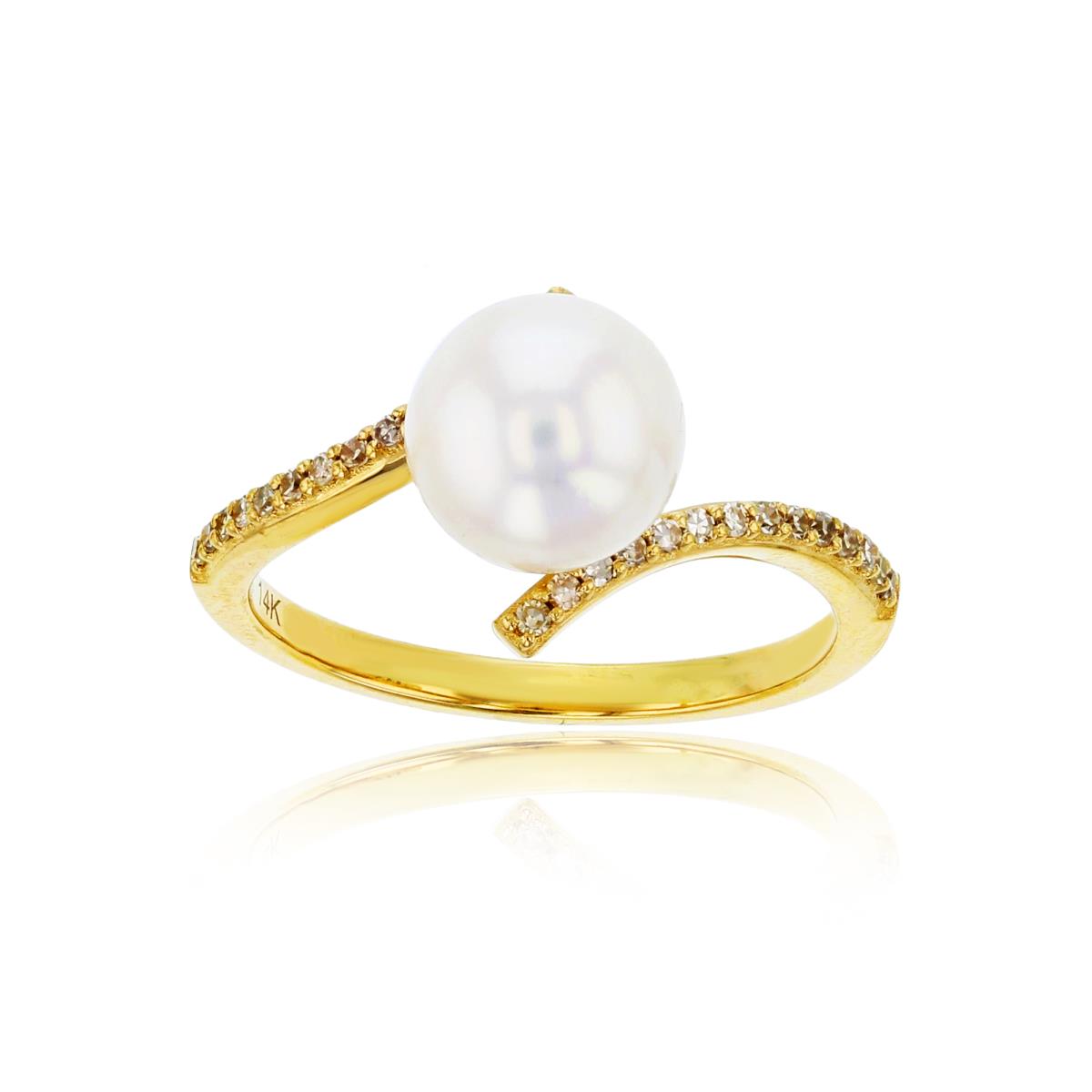14K Yellow Gold 0.14 CTTW Rnd Diamonds & 8mm Rnd White Pearl Bypass Rows Ring