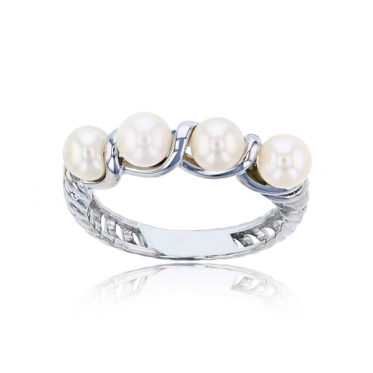 Sterling Silver Rhodium 5mm Rnd White Pearls Row Spring Ring