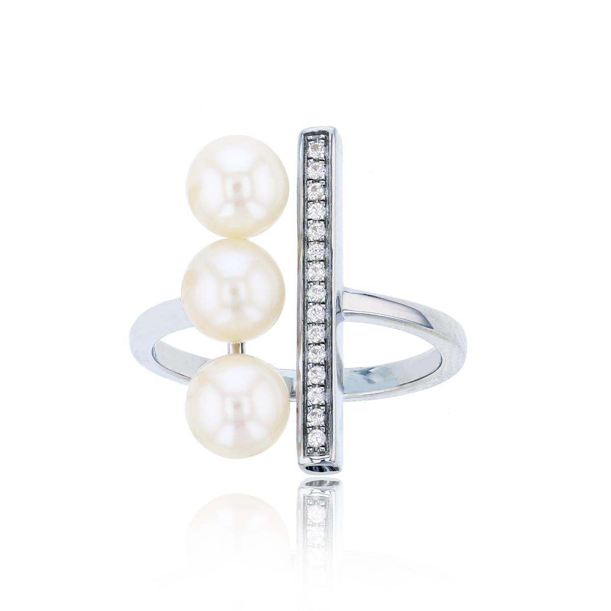 Sterling Silver Rhodium 6mm Rnd White Pearl & Created White Sapphire Bar Ring