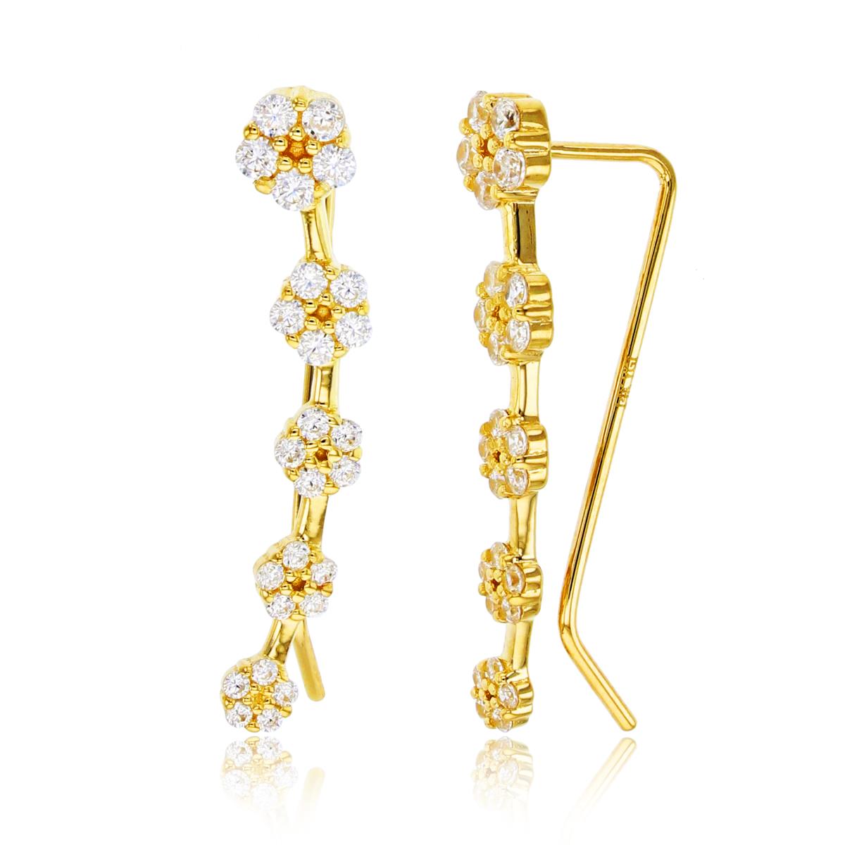 14K Yellow Gold Rnd CZ Graduated Flower Clusters Curve Vertical Earring