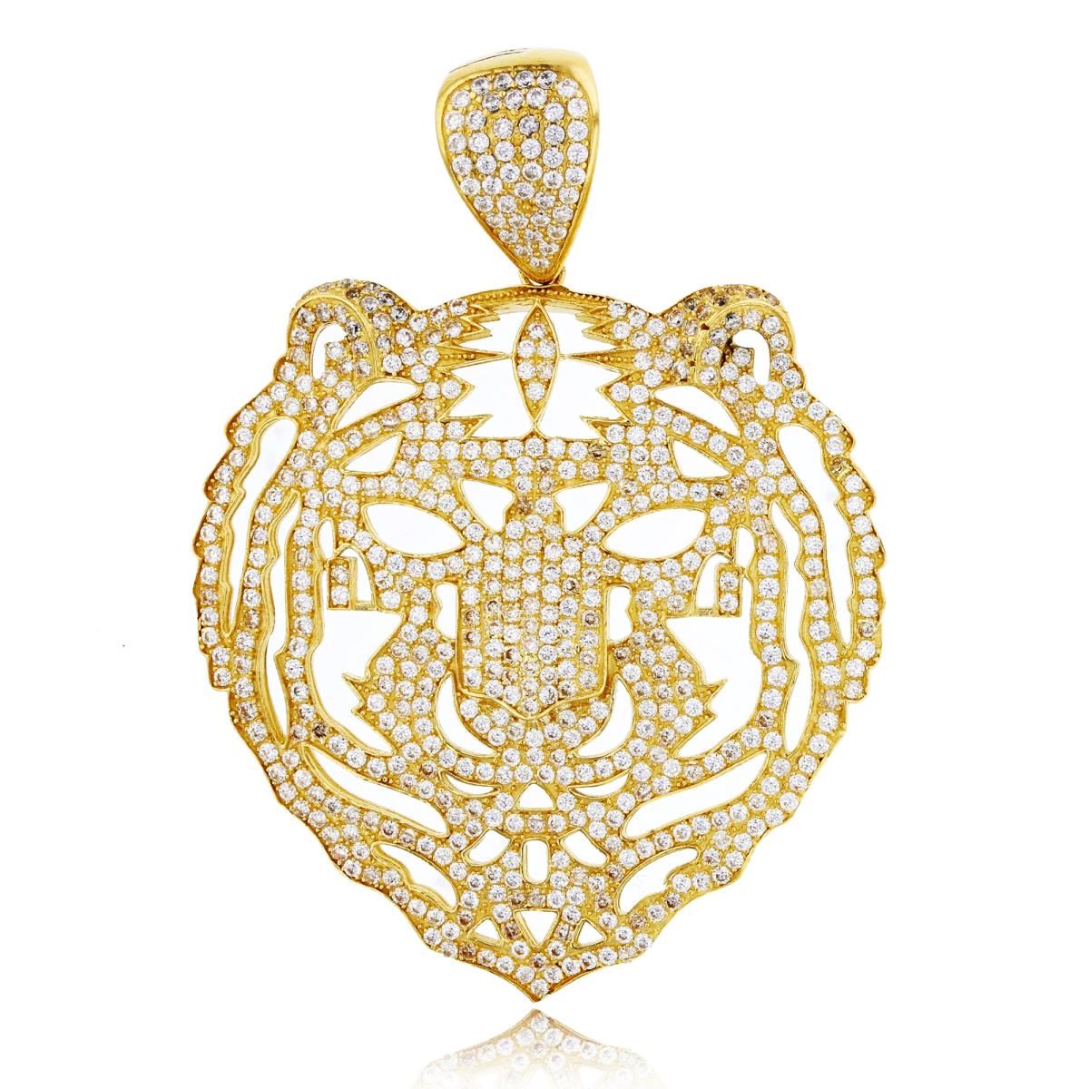 14K Yellow Gold 61x45mm Micropave Tiger Head Pendant