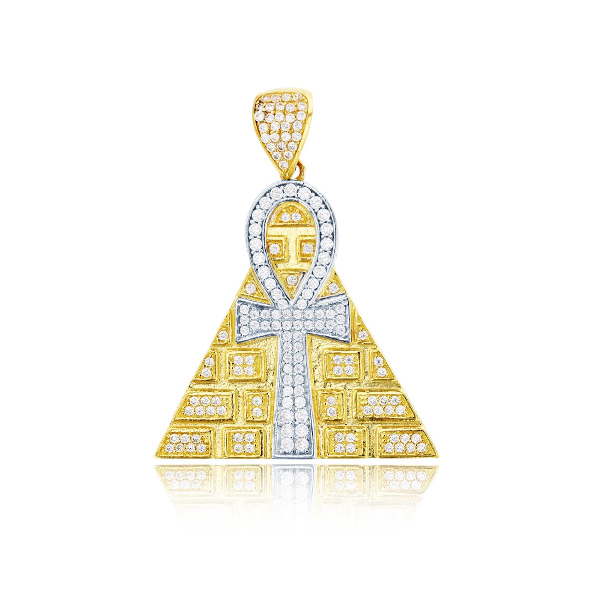 14K Two-Tone Gold Micropave Ankh Cross Pyramid Pendant