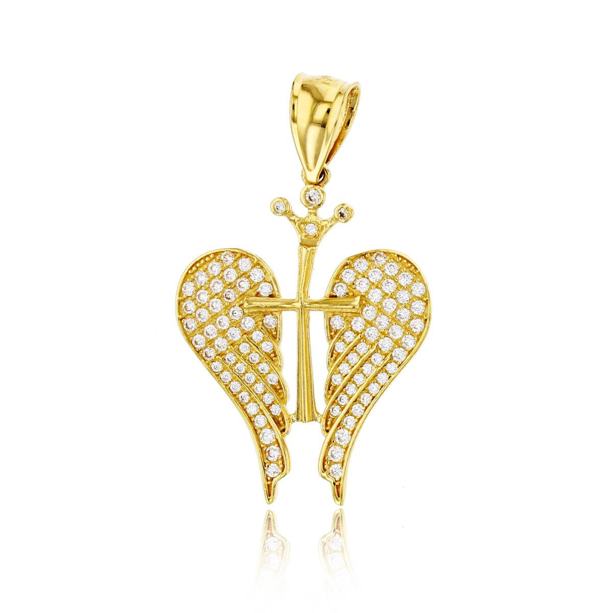 14K Yellow Gold Micropave Cross with Wings Pendant