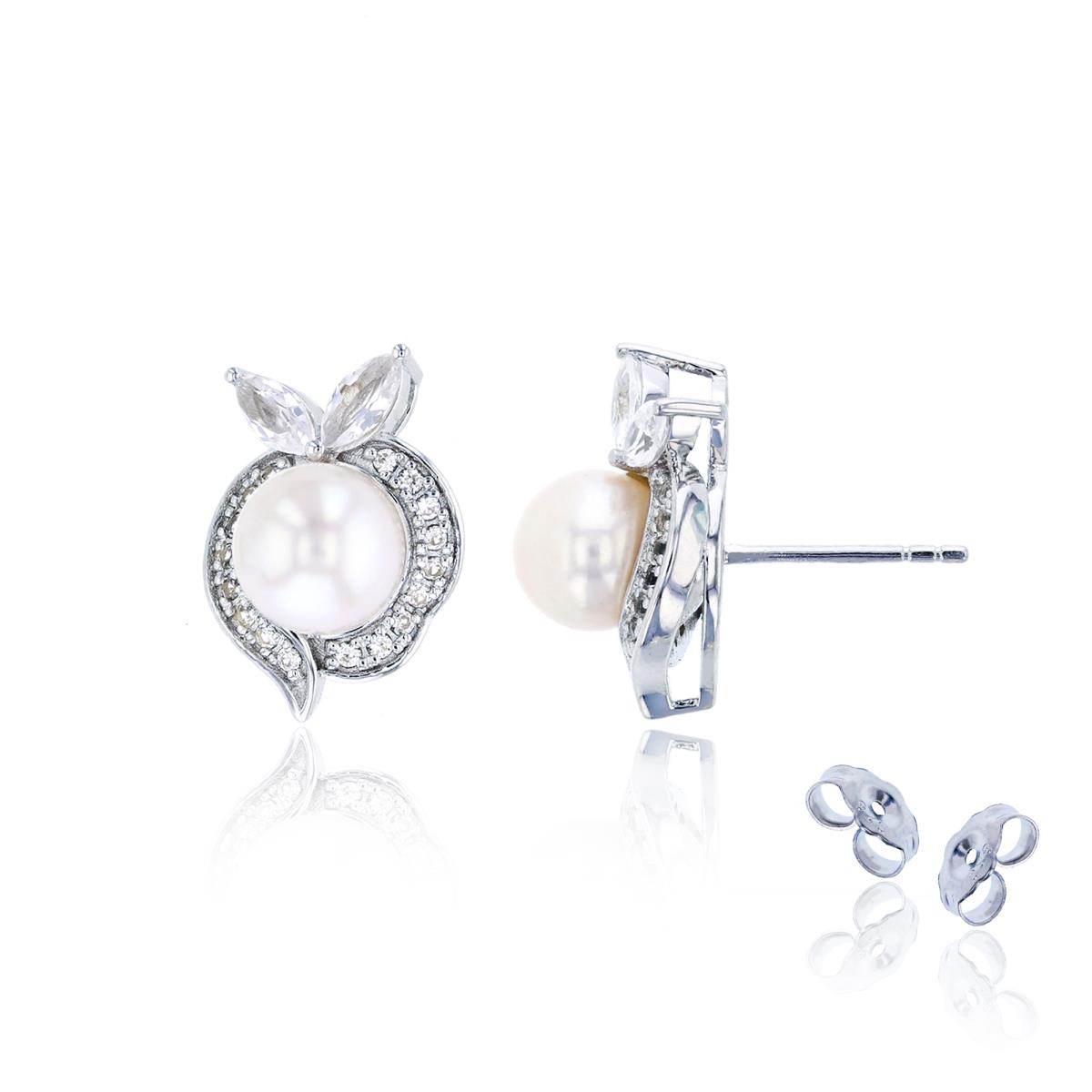 Sterling Silver Rhodium Pearl & Created White Sapphire Earrings 