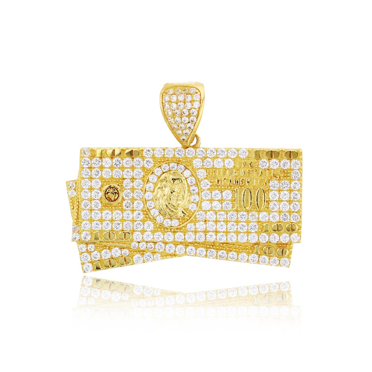 14K Yellow Gold Micropave 100 Dollar Bills Pendant