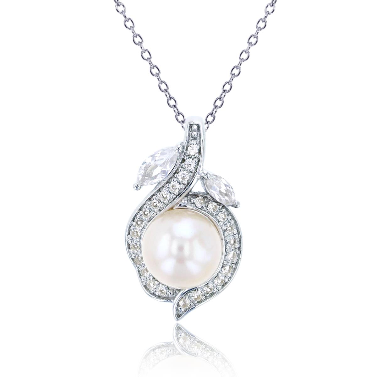 Sterling Silver Rhodium Pearl & Created White Sapphire 18"Necklace