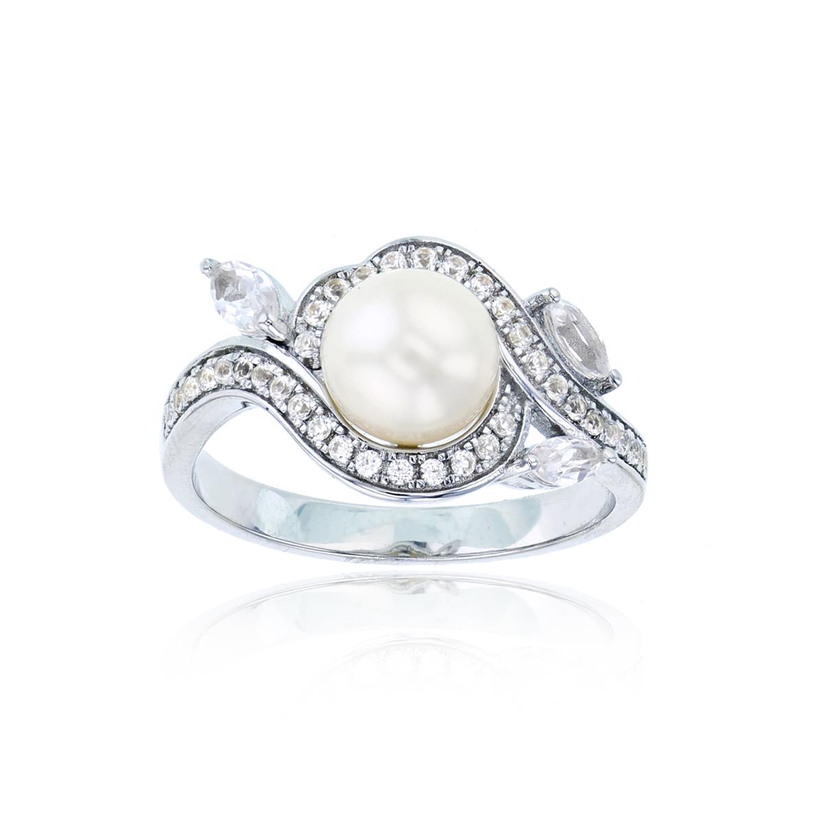 Sterling Silver Rhodium Pearl & MQ/Rnd Created White Sapphire Ring