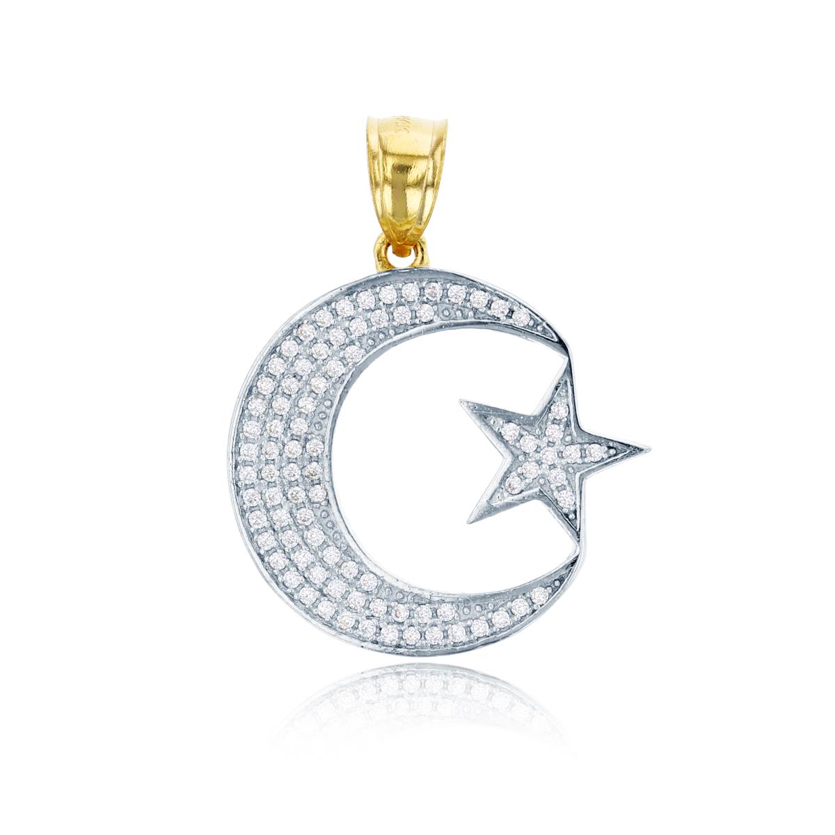 14K Two-Tone Gold Micropave Crescent Moon & Star Pendant