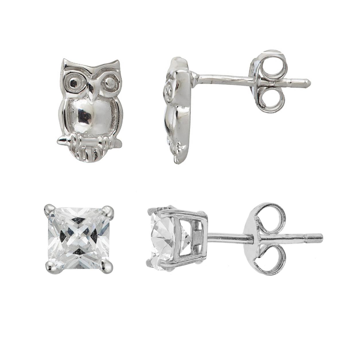 Sterling Silver Rhodium Owl &  4x4mm AAA Square Solitaire Stud Earring Set
