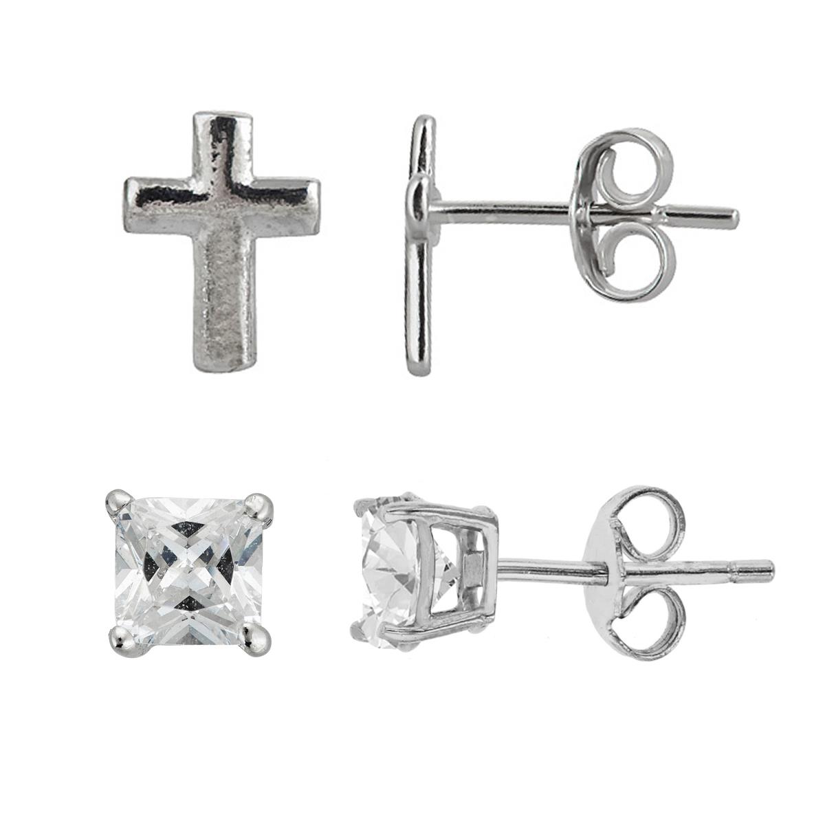 Sterling Silver Rhodium Cross & 4x4mm AAA Square Solitaire Stud Earring Set