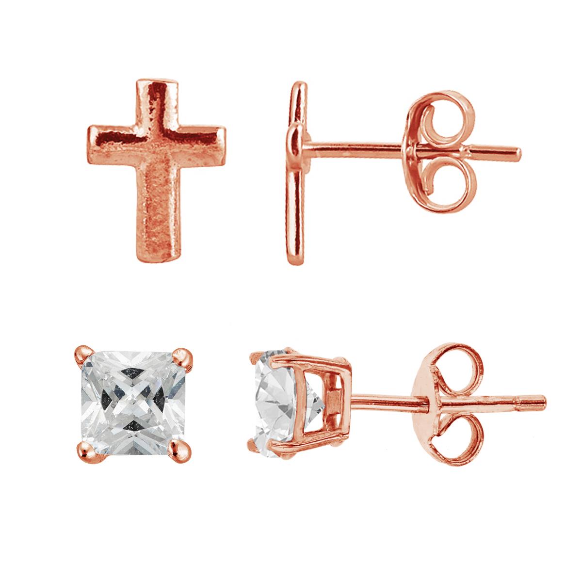Sterling Silver Rose Cross & 4x4mm AAA Square Solitaire Stud Earring Set
