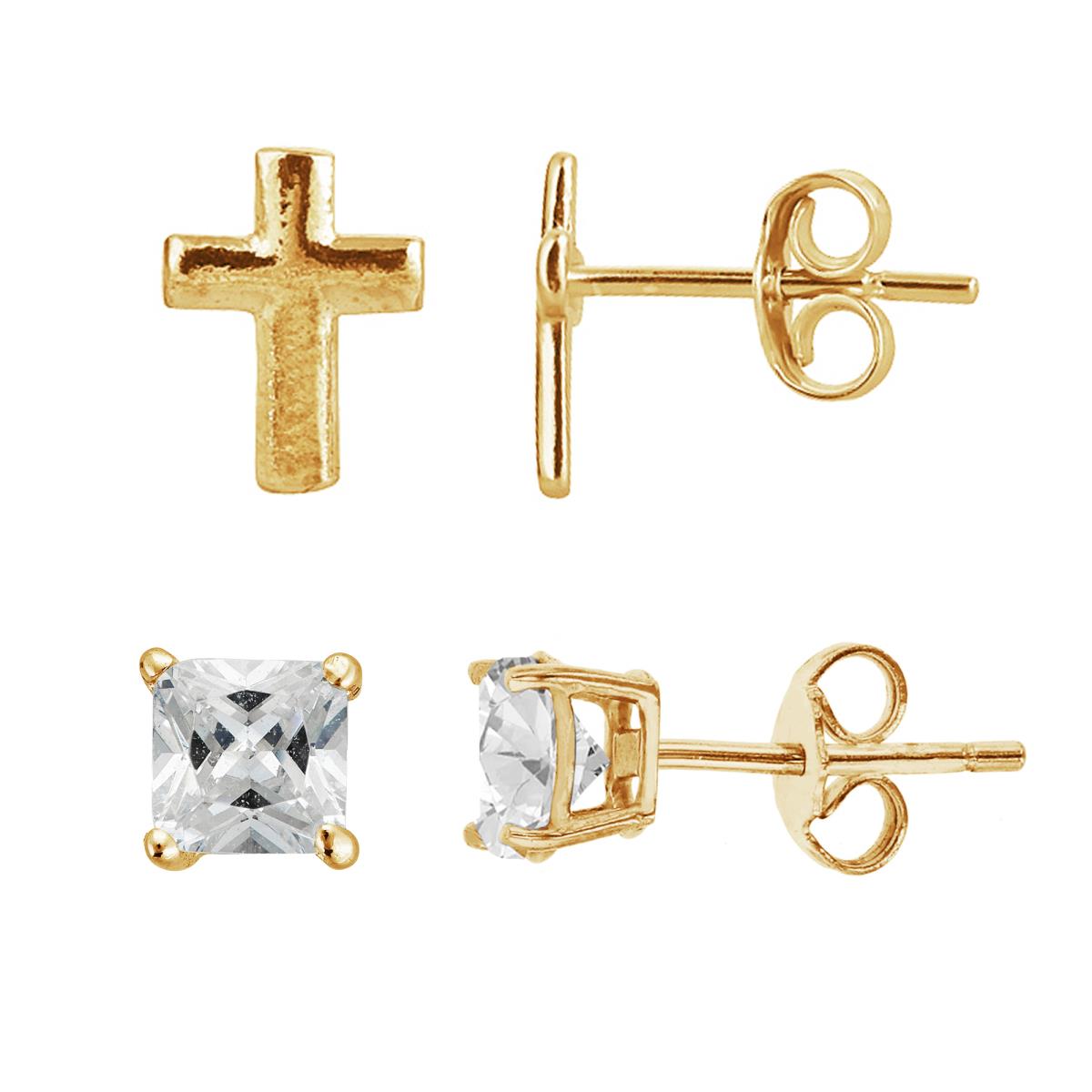 Sterling Silver Yellow Cross & 4x4mm AAA Square Solitaire Stud Earring Set