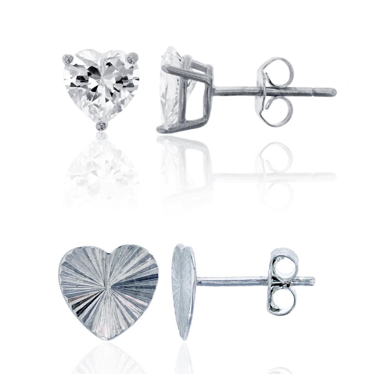 Sterling Silver Rhodium Diamond Cut 8mm Heart & 6mm Heart Solitaire Stud Earring Set 
