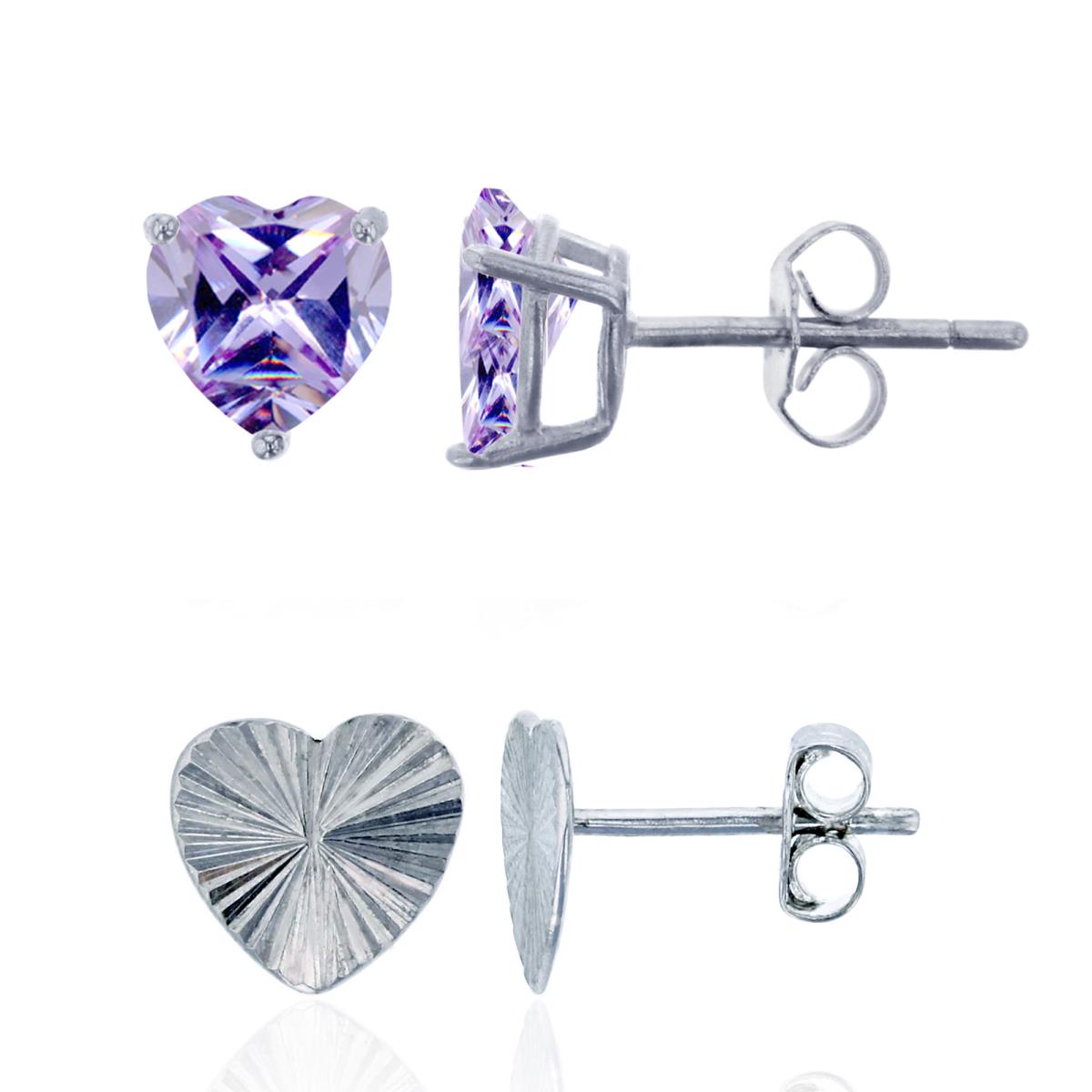 Sterling Silver Rhodium Diamond Cut 8mm Heart & 6mm Lavender Heart Stud Earring Set 