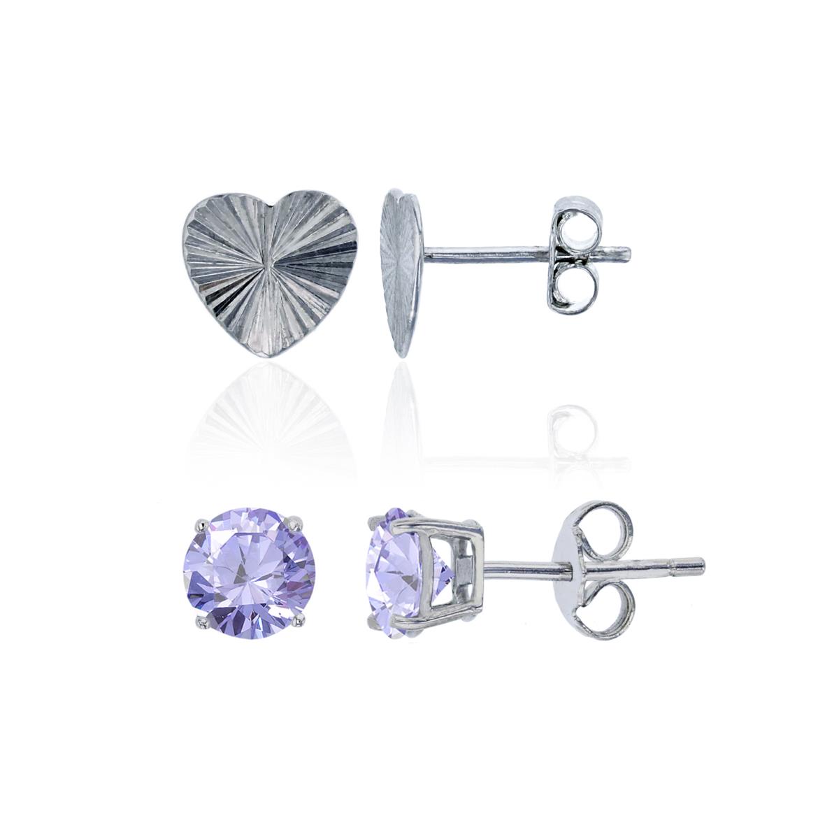 Sterling Silver Rhodium Diamond Cut 8mm Heart & 6mm Lavender Round Stud Earring Set 