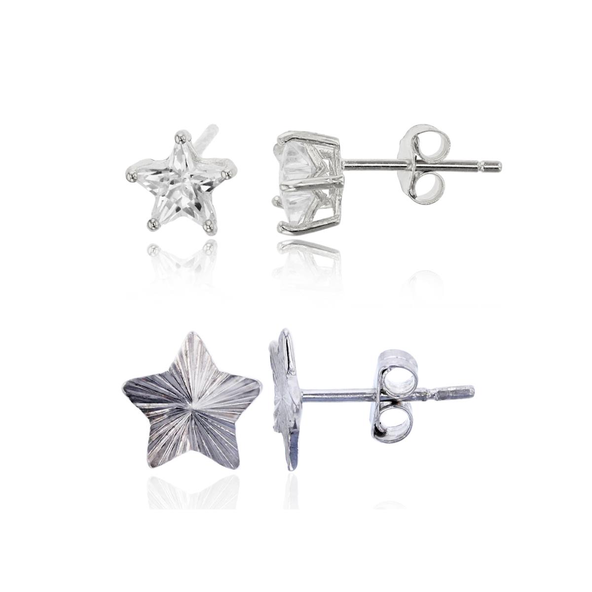 Sterling Silver Rhodium Diamond Cut 8mm Star & 6mm Star Solitaire Stud Earring Set