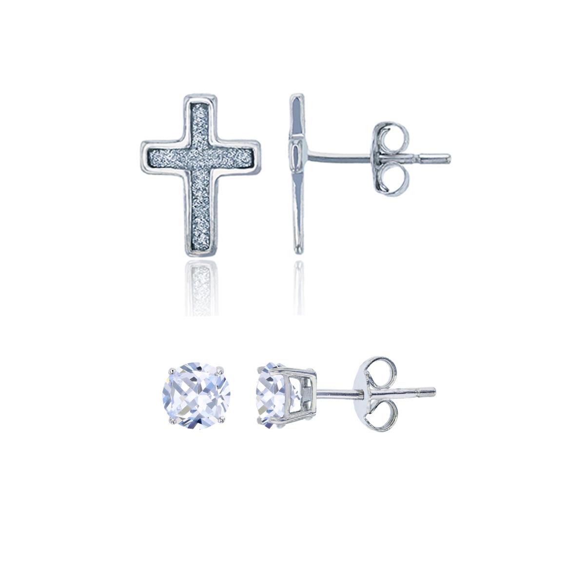 Sterling Silver Rhodium Glitter Cross & 5mm AAA Round Solitaire Stud Earring Set