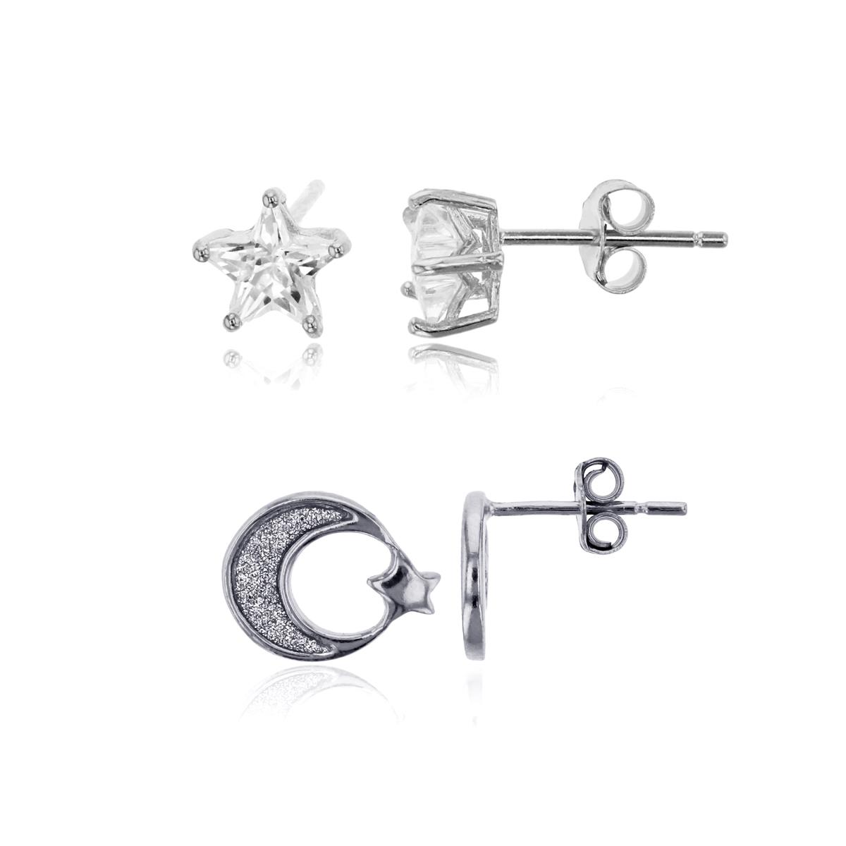 Sterling Silver Rhodium Glitter Star/Crescent Moon & 6mm Star Solitaire Stud Earring Set