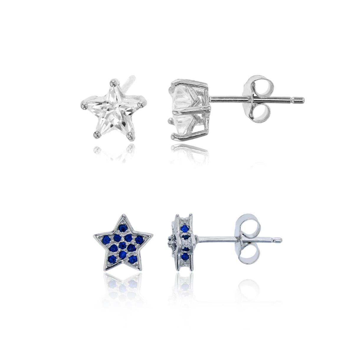 Sterling Silver Rhodium Pave Star & 6mm Star Solitaire Stud Earring Set