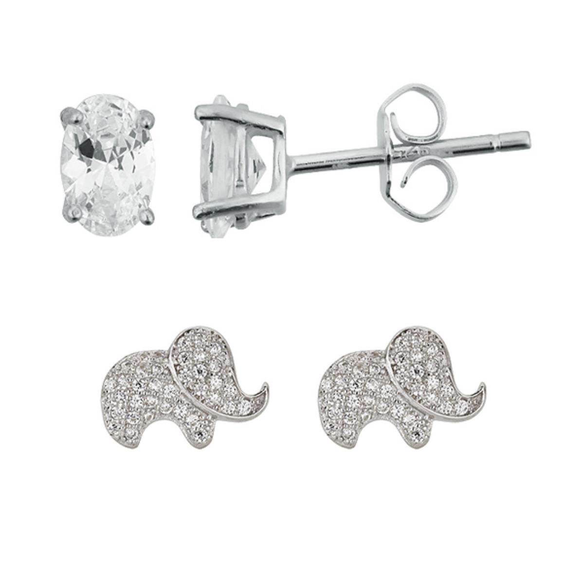 Sterling Silver Rhodium Elephant & 4x6mm Oval Solitaire Stud Earring Set