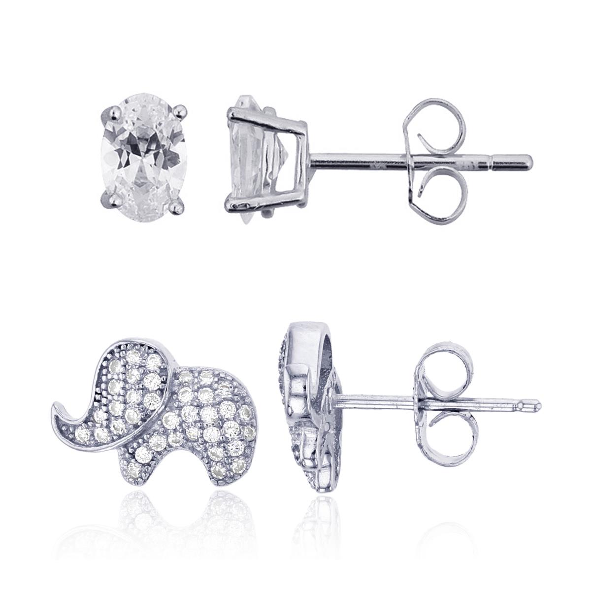 Sterling Silver Rose Elephant & 4x6mm Oval Solitaire Stud Earring Set