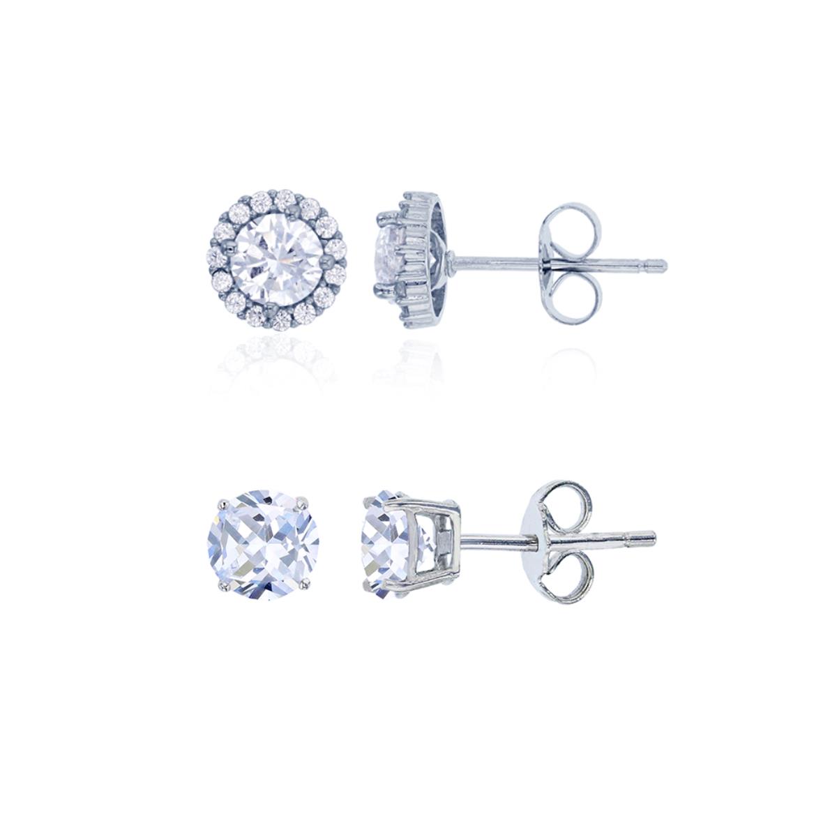 Sterling Silver Rhodium 5mm Round CZ Halo & 5mm Round Solitaire Stud Earring Set